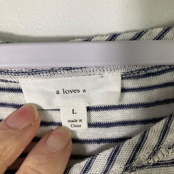 Womens a loves a Linen Tee Shirt Hi Low White Blue Stripe L Linen - Picture 6 of 7